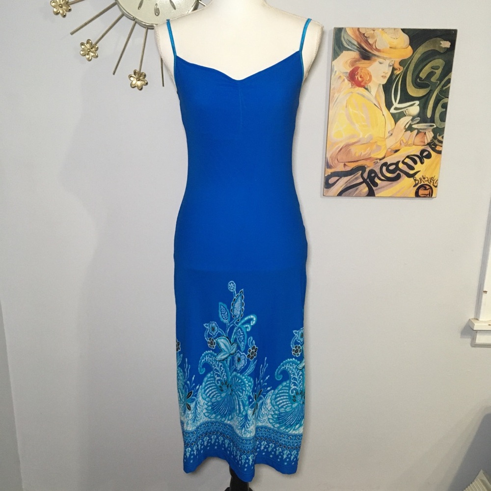 90s Y2K Vintage Guess Jeans Royal Blue Paisley Floral Bodycon Midi Dress S
